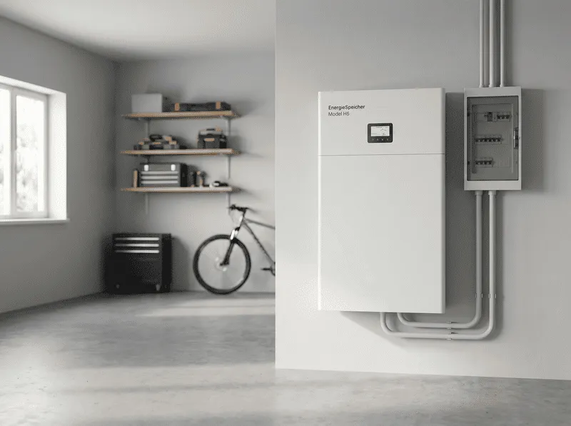 Moderner Kellerraum mit Energiespeicher, Werkzeugregal und Fahrrad, sauber und ordentlich organisiert für effiziente Nutzung.