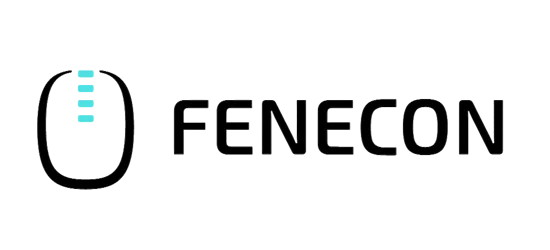 FENECON-Logo in modernem Design mit stilisiertem blauen Element und schwarzer Schrift, symbolisiert technologische Innovation und Nachhaltigkeit.