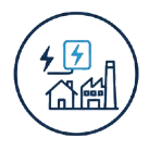 Symbol für nachhaltige Energiemanagement: Stadt, Blitz, Gebäude, Haus, digitaler Stil, blau, weißer Kreis, technologische Innovation.