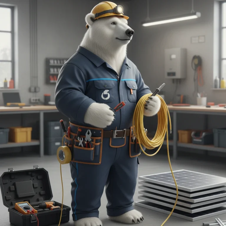 Ein Eisbär (Solarbär Maskottchen) trägt Werkzeuggürtel und Helm, umgeben von Solarpanels in einer modernen Werkstattumgebung.