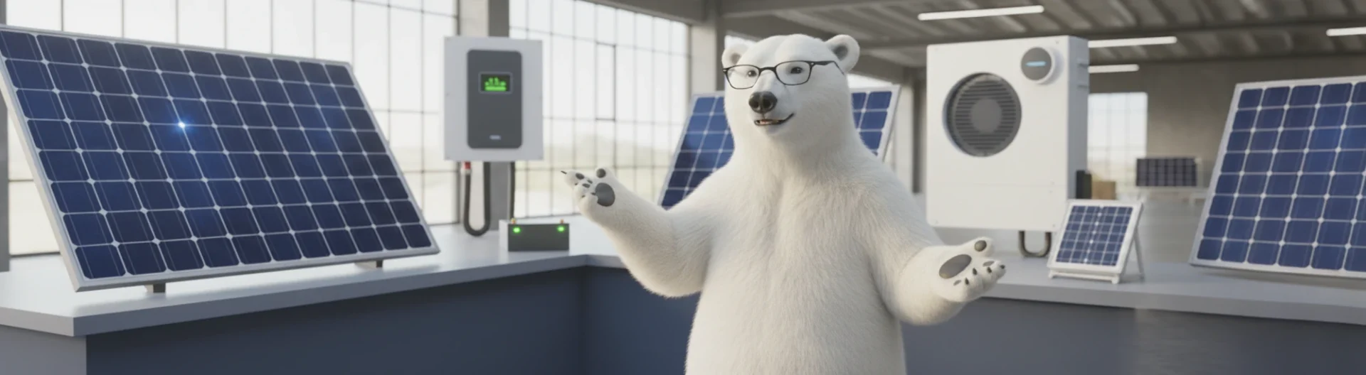 Eisbär mit Brille präsentiert Solaranlagen in modernem Raum, verdeutlicht nachhaltige Energiezukunft und Umweltbewusstsein durch erneuerbare Ressourcen.