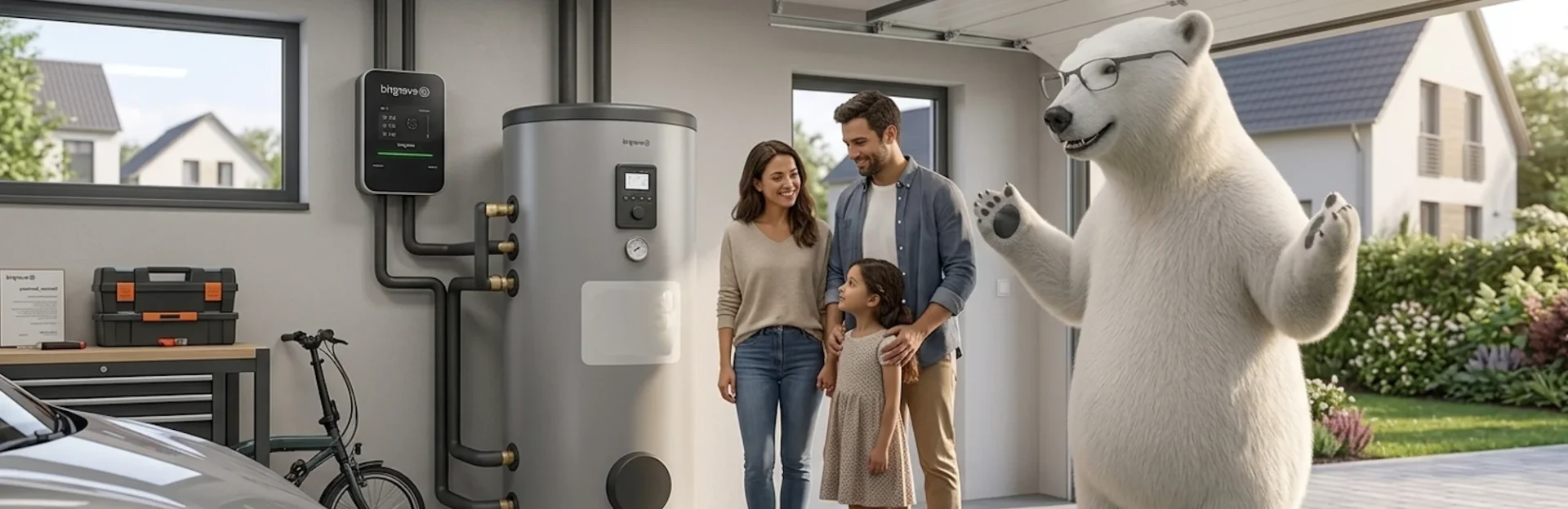 Familie betrachtet Heizung mit lächelndem Eisbären im lichtdurchfluteten Raum. Nachhaltige Energie, innovative Technologie, glückliche Atmosphäre.