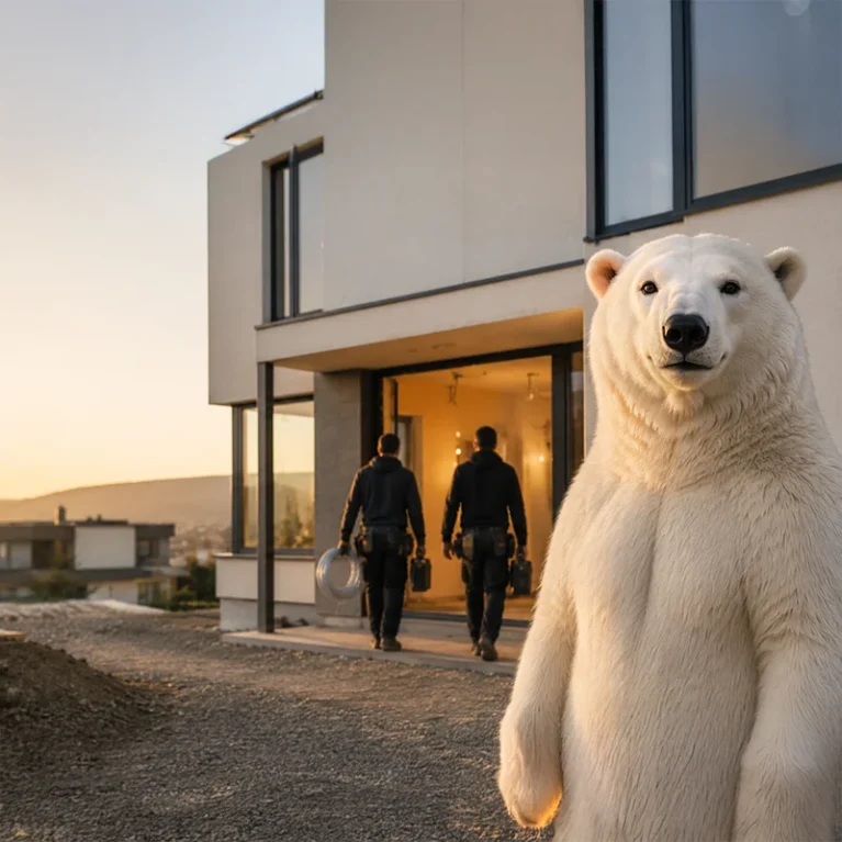 Solarbär Eisbär steht vor einem Neubau, den zwei Elektriker betreten