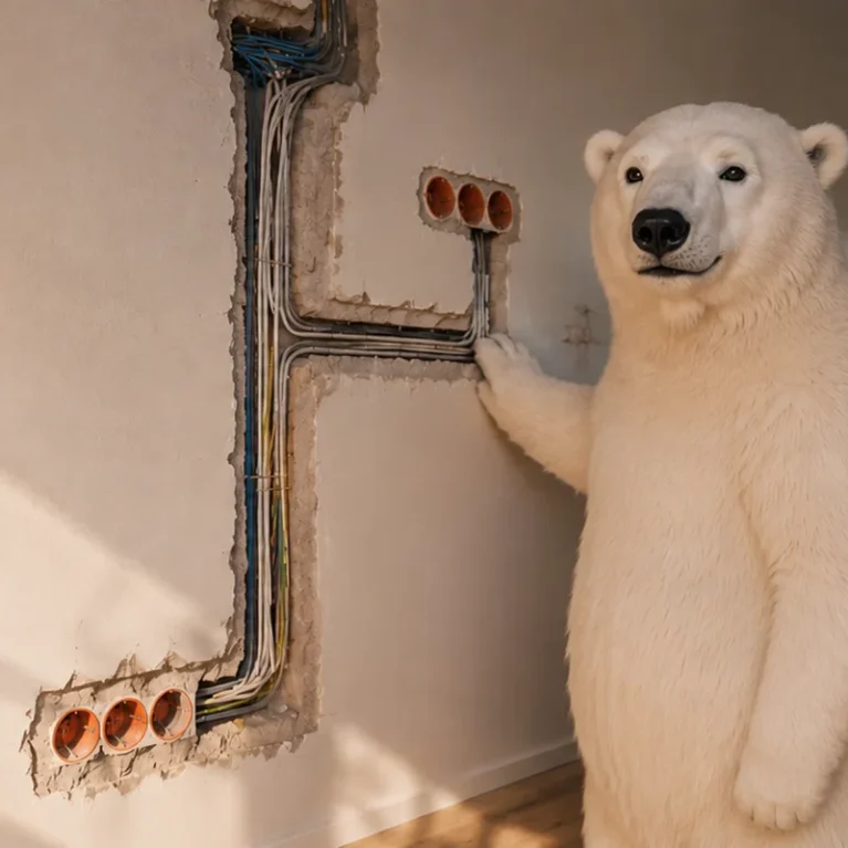 Solarbär Eisbär vor einer Wand mit offenen Kabeln