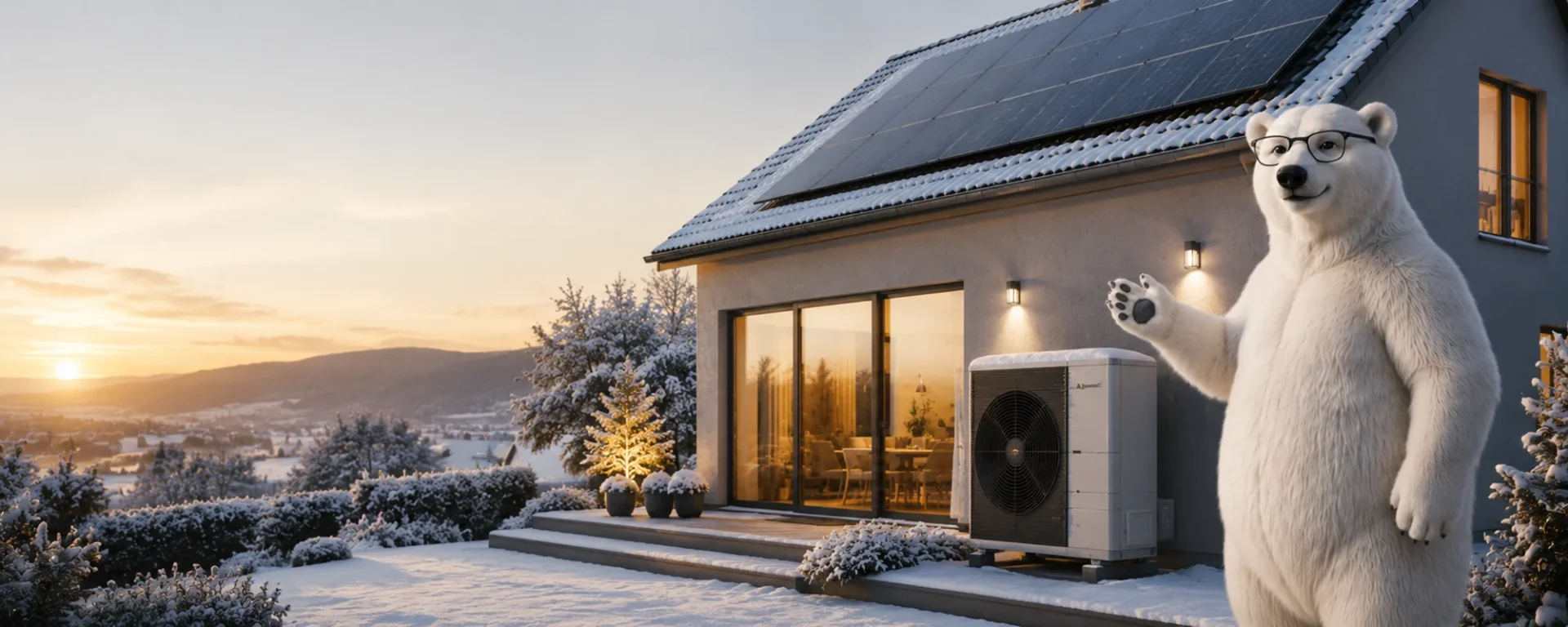 Modernes Haus im Winter mit Solarpanelen, Wärmepumpe und den Solarbär-Eisbär.
