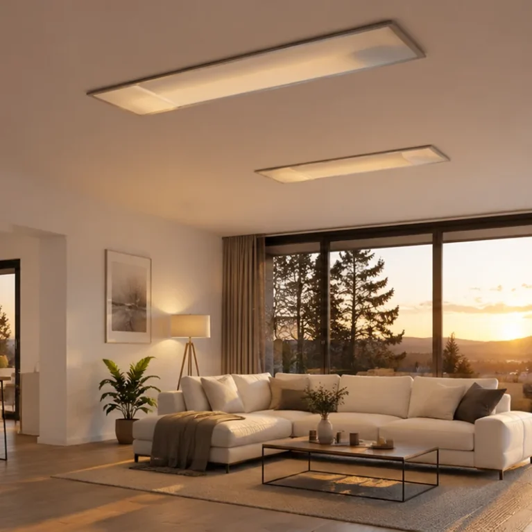 Wohnzimmer mit Infrarotheizungen an der Decke