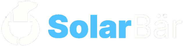 SolarBär-Logo mit stilisiertem Bärenkopf, kombiniert mit blauen und weißen Farben auf schwarzem Hintergrund - modern und prägnant.
