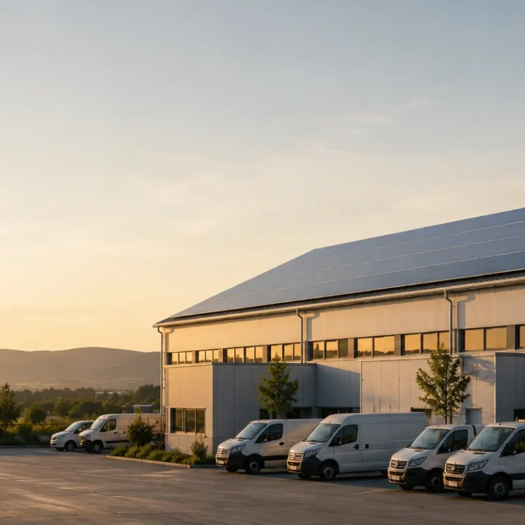 Solardach auf einem Industriegebäude, umgeben von weißen Lieferfahrzeugen.