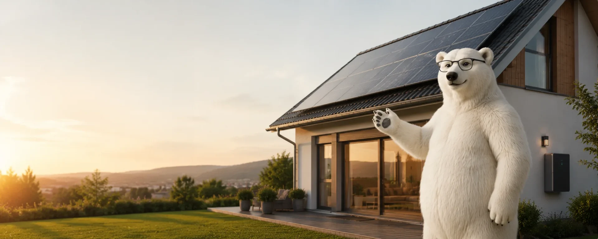 Eisbär mit Brille vor Haus mit Solarpanelen, grüner Garten, Sonnenuntergang im Hintergrund. Umweltfreundliches Energiekonzept.