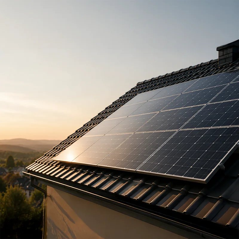 Solarmodule auf Dach eines Einfamilienhaus in Lörrach. Aufnahme bei Sonnenuntergang.