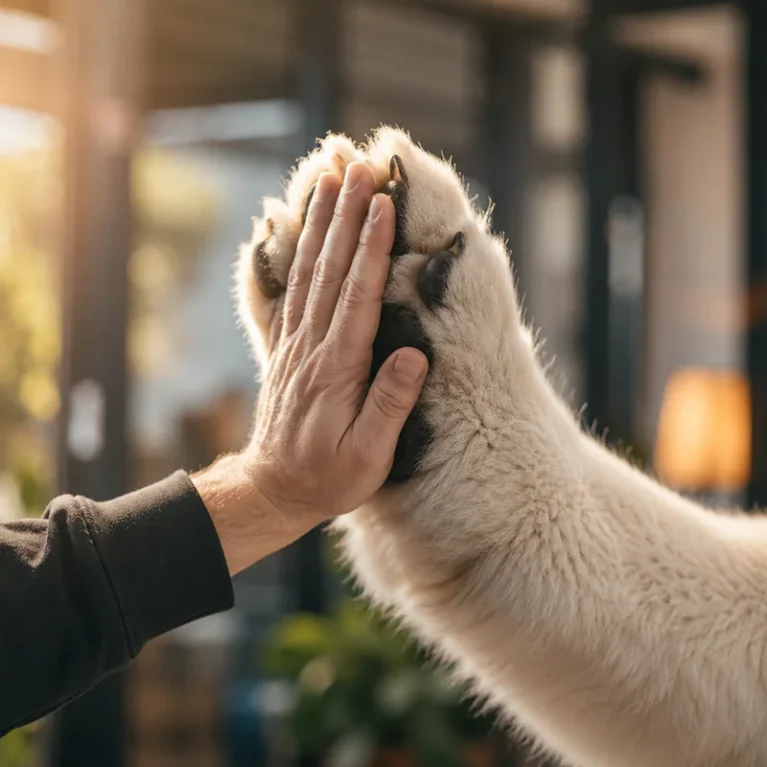 Pfote eines Eisbär schlägt mit menschlicher Hand ein
