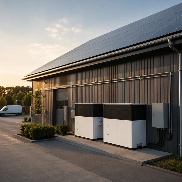 Gewerbegebäude mit Solaranlage und modernen Wärmepumpen, umweltfreundliche Energieversorgung, bei Sonnenuntergang. Effiziente, nachhaltige Architektur, grüner Fortschritt.