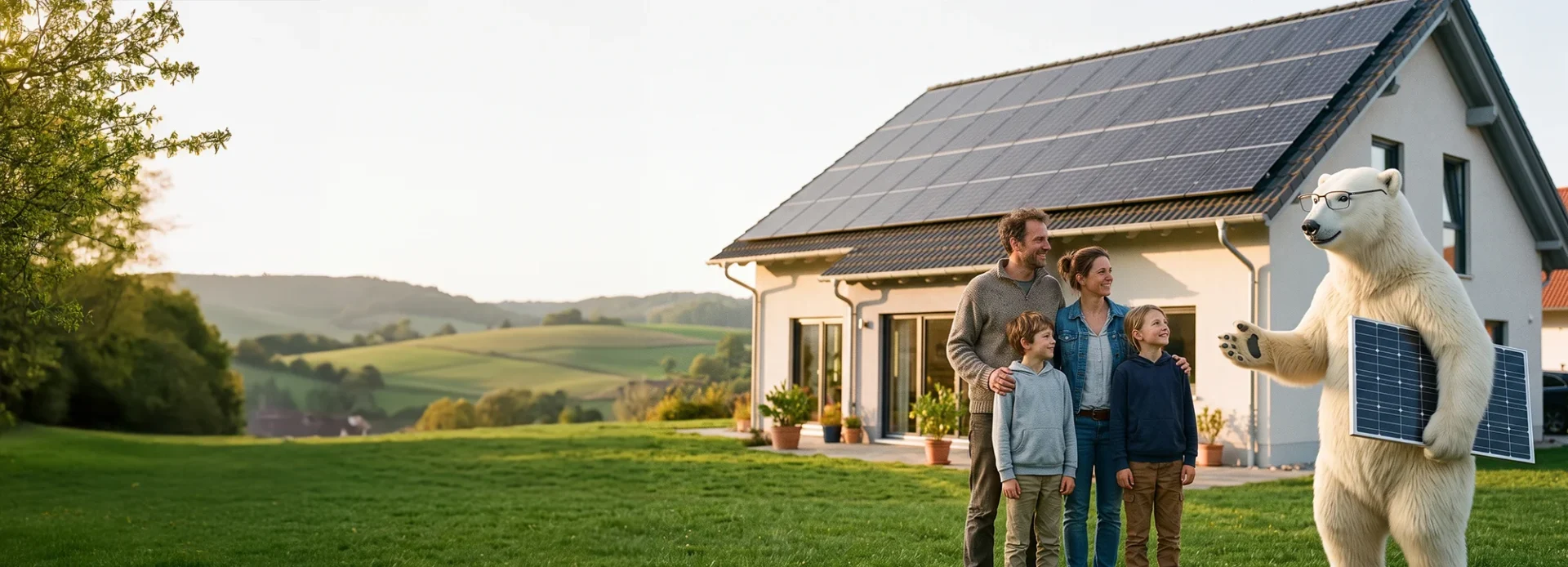 Das Bild zeigt eine glückliche Familie, die vor einem modernen Haus mit Solarpanelen steht. Neben der Familie steht das Maskottchen von Solarbär, der ein Solarpanel hält.