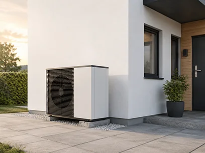Moderne Wärmepumpe, die an der Außenwand eines stilvollen, zeitgenössischen Hauses installiert ist