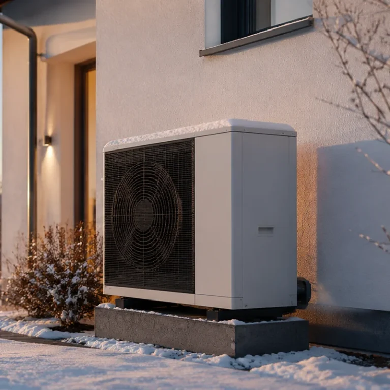 Wärmepumpe steht im Winter vor einem Haus an einer weißen Wand