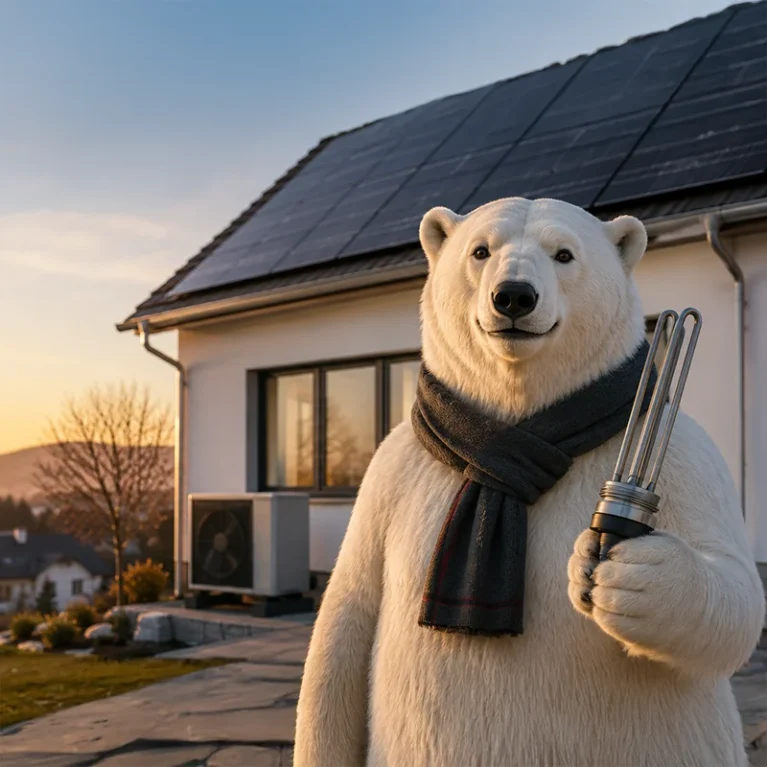 Solarbär Eisbär mit PV-Heizstab in der Pfote vor einem Einfamilienhaus
